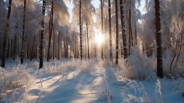 Composición de bosque de invierno soleado con árboles naturales