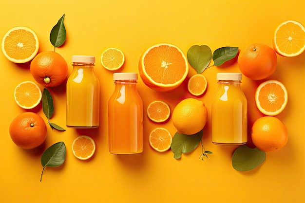 Composición con botellas de jugos e ingredientes sobre fondo naranja.