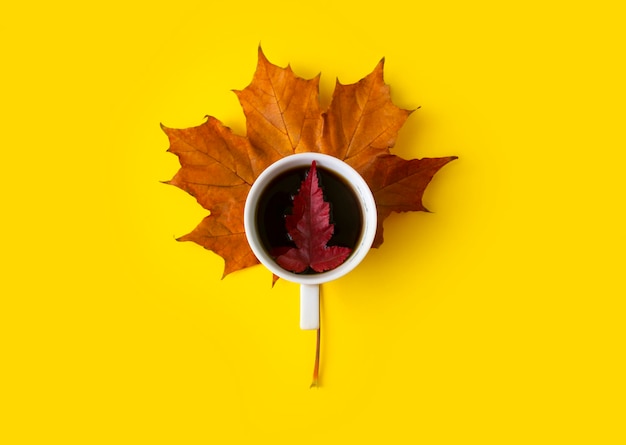 Composición de café de otoño. taza blanca con hojas de otoño de arce. El concepto del café de otoño.