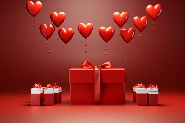 Composición con caja de regalo roja atada con cinta rodeada de varias cajas más pequeñas y corazones rojos en