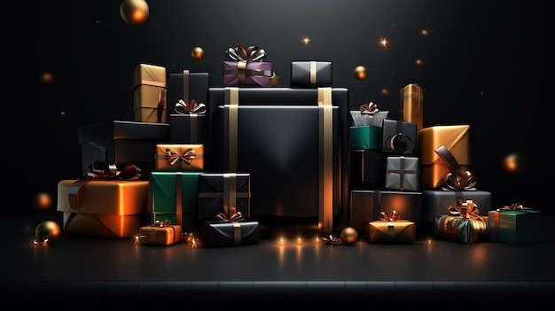 Composición de cajas de regalo con cintas para evento de venta navideña IA generada