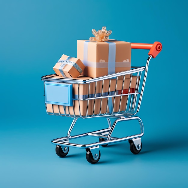 Composición del carrito de compras o carro con cajas o bolsas de regalo Ventas de Cyber Monday o día de compras