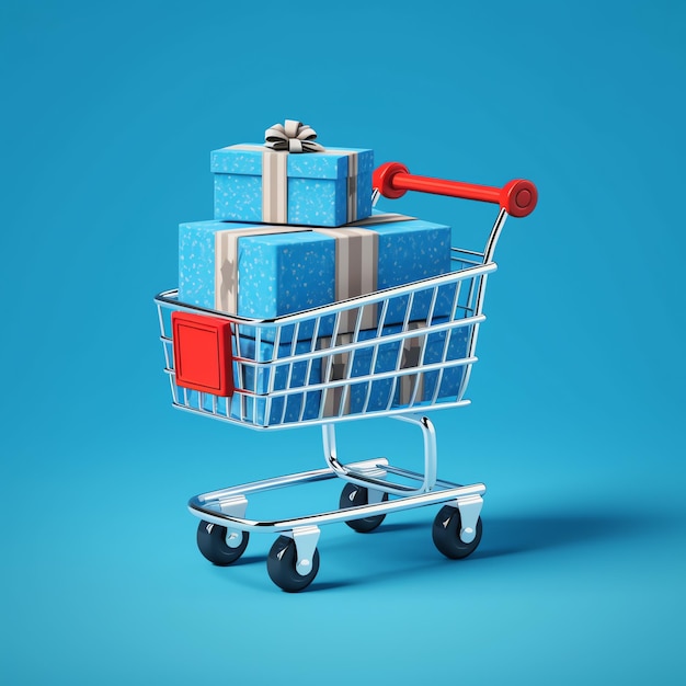 Composición del carrito de compras o carro con cajas o bolsas de regalo Ventas de Cyber Monday o día de compras