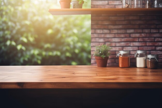 Foto composición cautivadora fondo borroso de una mesa de madera con textura vacía y ventana de cocina ella