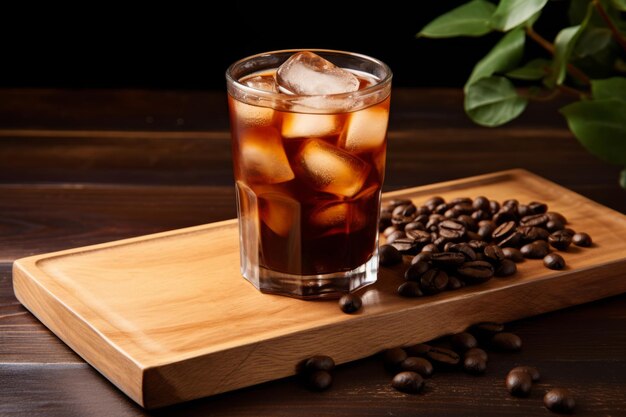 Composición cautivadora Un tentador vaso de cerveza fría y granos de café en una elegante tabla de madera