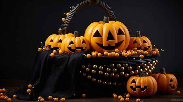 Composición con cesta de calabazas de Halloween.
