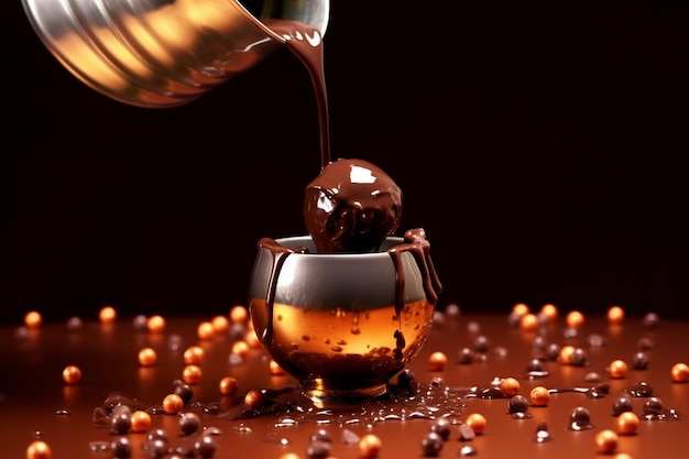 Composición de chocolate con nueces caramelo y leche hermoso postre de chocolate IA generativa