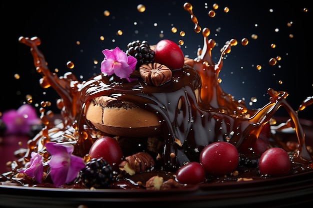 Foto composición de chocolate con nueces caramelo y leche hermoso postre de chocolate ia generativa