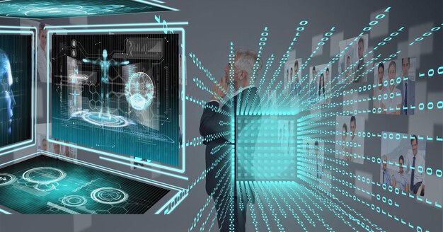 Composición de codificación binaria sobre empresario mirando la pantalla con datos médicos digitales