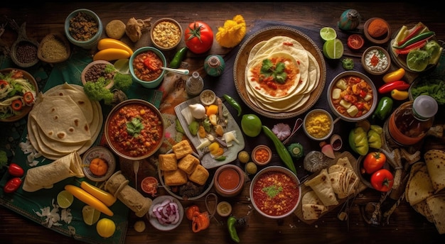 Composición completa de comida mexicana en una mesa de madera