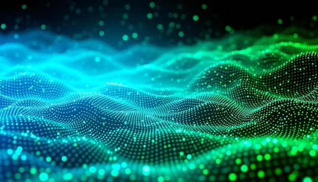 La composición se compone de una densa matriz de puntos azules y verdes brillantes que se asemejan a una alfombra compleja