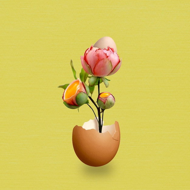 Composición conceptual sobre el tema de los huevos de Pascua 2022 crecen a partir de capullos de flores en la cáscara sobre un fondo amarillo