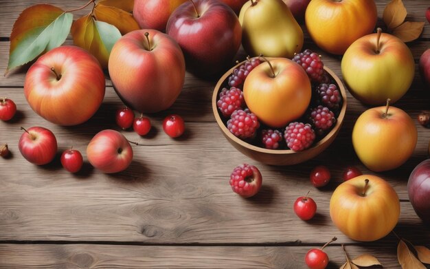 Composición de cosecha con frutas de otoño sobre fondo de madera