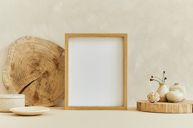Composición creativa de acogedor diseño interior minimalista con marco de póster simulado, materiales naturales como madera y mármol, plantas secas y accesorios personales. Colores beige neutros, plantilla.