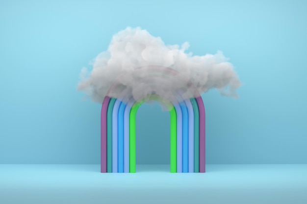 Foto composición creativa con arco iris y nubes realistas sobre fondo azul.