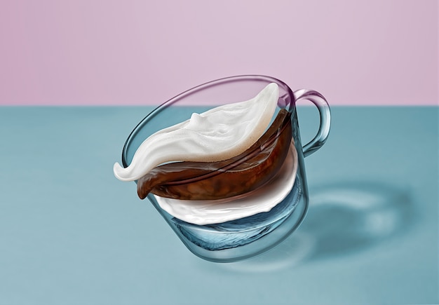 Composición creativa de bebida de café: capas voladoras de agua, café, leche, espuma cremosa en una taza de vidrio que se mueve sobre la superficie de la mesa azul.