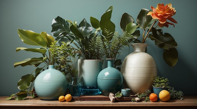 Composición creativa de diseño interior de casa botánica con muchas plantas en ollas de diseño clásico