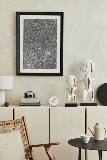 Composición creativa del diseño interior de la moderna sala de estar beige con esculturas diseñadas, marco de póster simulado, aparador de madera beige y accesorios personales. Plantilla.