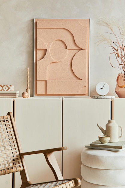 Composición creativa del diseño interior de la moderna sala de estar beige con pintura de estructura de imitación, sillón de ratán, aparador de madera beige y accesorios personales inspirados en boho. Plantilla.