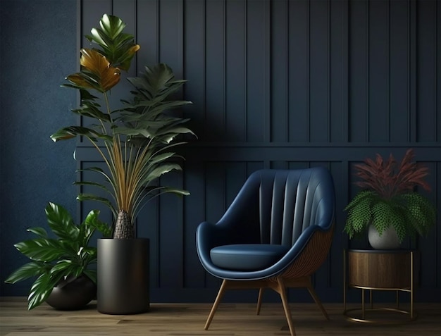 Composición creativa del diseño moderno de la maqueta interior de la sala de estar con sofá azul y elegantes accesorios para el hogar Color de pared azul oscuro Puesta en escena del hogar y plantilla de planta Espacio de copia 3d Render