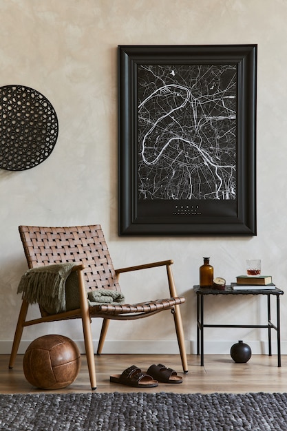 Composición creativa de elegante diseño de interiores de sala de estar masculina con marco de póster simulado, sillón marrón, estante industrial y accesorios personales. Plantilla.