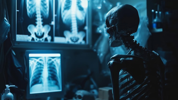 Una composición creativa de un esqueleto humano que parece examinar su propia anatomía a través de imágenes de rayos X