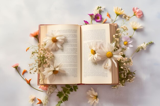 Composición creativa con flores y libro viejo abierto ai generativo.