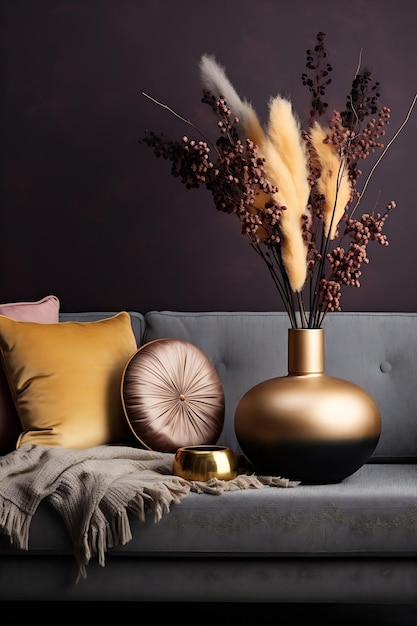 Composición creativa de glamour diseño de interiores de salas de estar con decoración del hogar va IA generativa