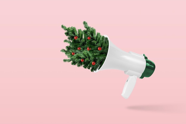 Composición creativa hecha de megáfono con árboles de Navidad sobre fondo rosa Concepto mínimo de Navidad o Año Nuevo