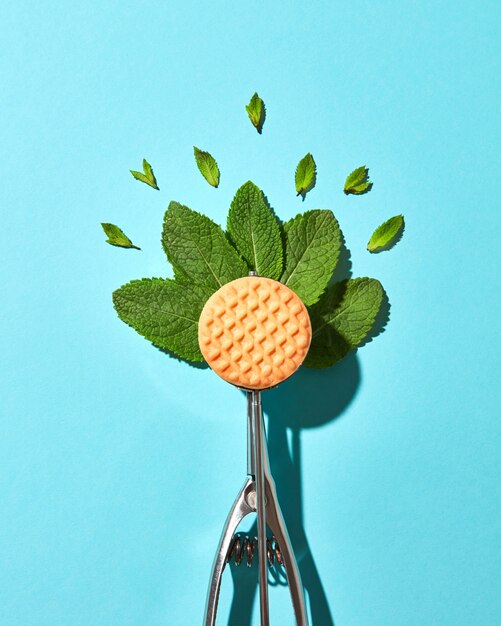 Composición creativa de hojas de menta en la cuchara de metal para helado y galleta sobre un fondo de cristal azul con sombras. Comida de estilo moderno, vista superior.