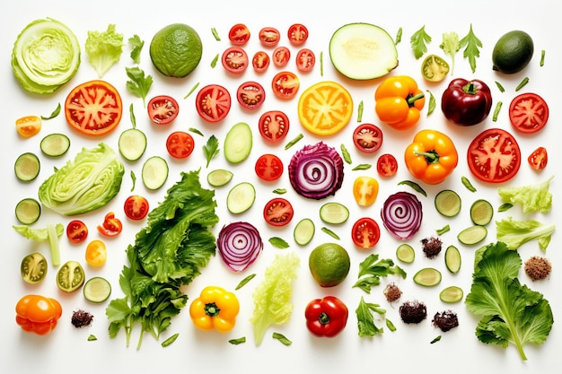 Composición creativa de ingredientes de ensalada dispuestos en un patrón visualmente atractivo