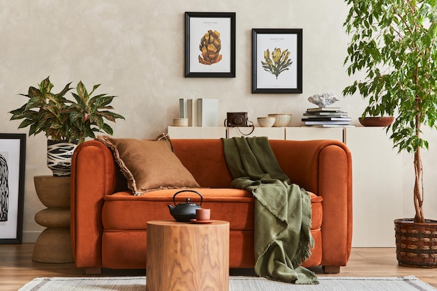 Composición creativa del interior elegante de la sala de estar con maquetas de marcos de carteles, sofá naranja, cómoda beige, mesa de café y elegantes accesorios personales. Espacio para los amantes de las plantas. Plantilla.