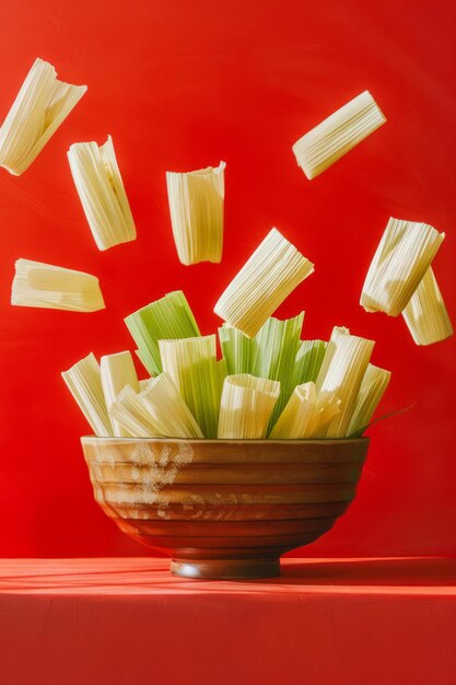 Composición creativa de pasta voladora con Rigatoni y Penne por encima del cuenco sobre un fondo rojo vibrante