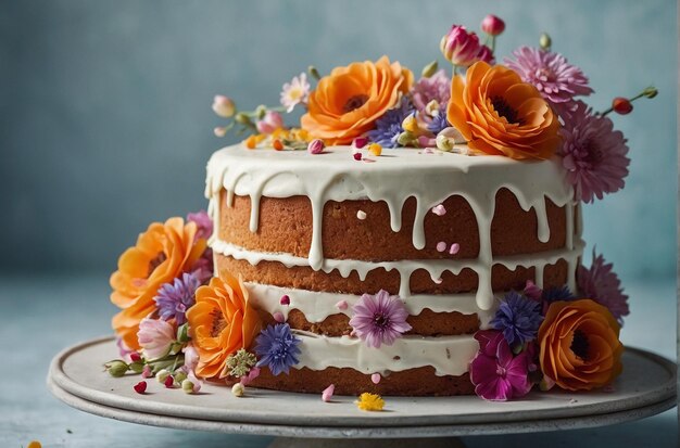 Composición creativa de un pastel con temas florales adornado con delicados pétalos