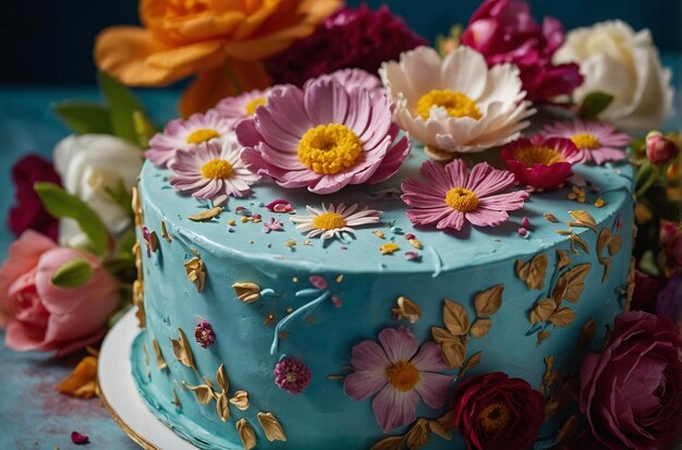 Composición creativa de un pastel con temas florales adornado con delicados pétalos