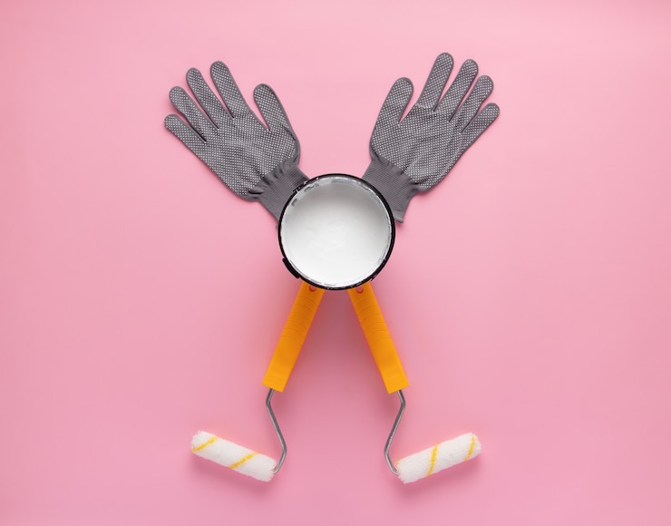 Foto composición creativa de rodillos para pintar, lata abierta de pintura blanca y guantes de trabajo. visualización de hombre feliz con las manos levantadas haciendo reparaciones en la casa.