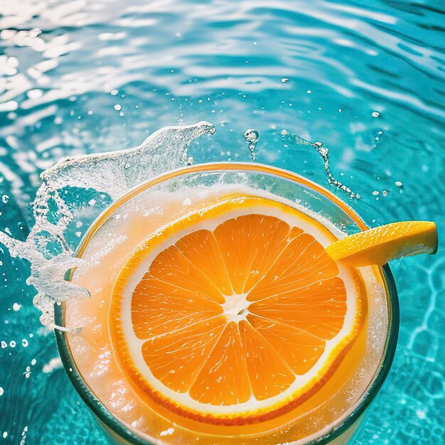 Composición creativa de verano hecha de naranja cortada en agua transparente de la piscina Concepto de refresco Tema de bebida refrescante saludable Vista superior