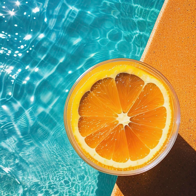 Composición creativa de verano hecha de naranja cortada en agua transparente de la piscina Concepto de refresco Tema de bebida refrescante saludable Vista superior