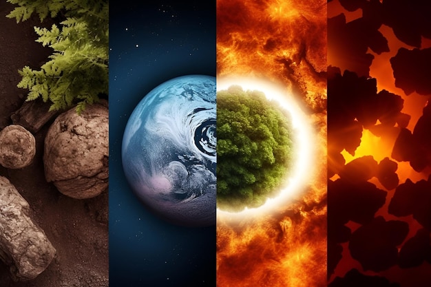 Foto composición de los cuatro elementos naturales y contenido de ia generativa de la tierra