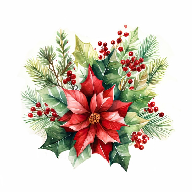 Composición de decoración navideña con flor de puasentia roja e ilustración de acuarela de rama de abeto