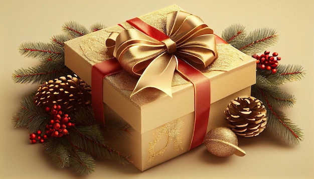 Composición de decoración navideña sobre fondo dorado claro con hermosa caja de regalo dorada con cinta roja Generar Ai