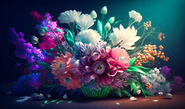 Una composición delicada y romántica con un colorido ramo de flores frescas de primavera sobre un fondo pastel suave