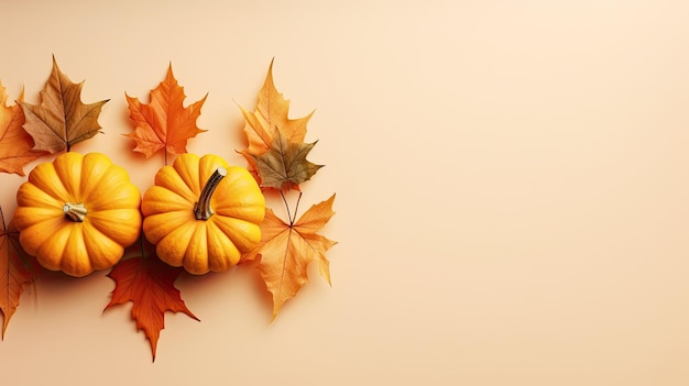 Composición del día de acción de gracias de otoño con calabazas decorativas de color naranja y hojas secas