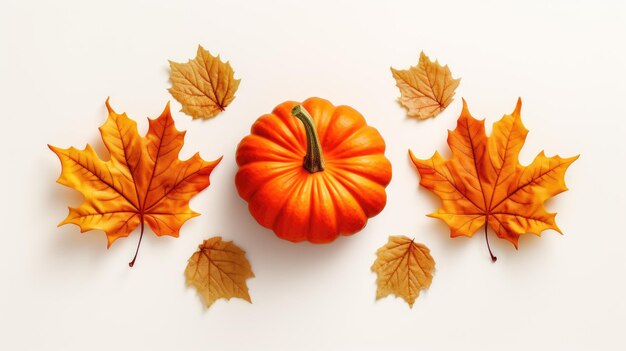 Composición del día de acción de gracias de otoño con calabazas decorativas de color naranja y hojas secas
