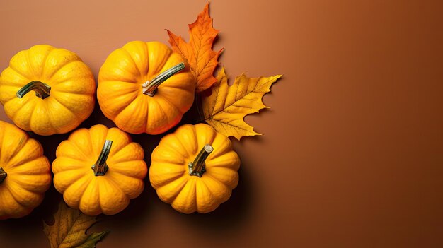 Composición del día de acción de gracias de otoño con calabazas decorativas de color naranja y hojas secas