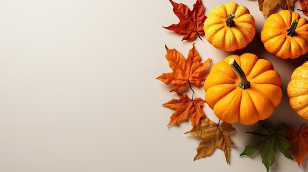 Composición del día de acción de gracias de otoño con calabazas decorativas de color naranja y hojas secas