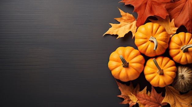 Composición del día de acción de gracias de otoño con calabazas decorativas de color naranja y hojas secas