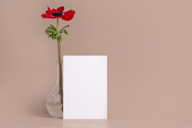 Composición del día de la madre de San Valentín hecha de flor en jarrón y tarjeta blanca en blanco sobre fondo beige...