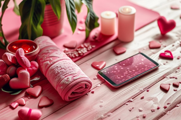 Foto composición para el día de san valentín el 14 de febrero una delicada composición de textiles rosados corazones una toalla rosada plegada velas encendidas un teléfono sobre un fondo rosado maqueta