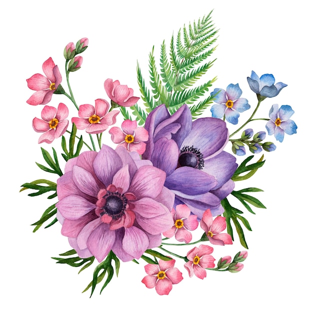 Composición dibujada a mano acuarela tarjeta floral con flores y hojas sobre fondo blanco